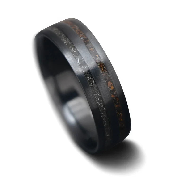 Black Titanium Men's Wedding Band with Crushed T-Rex & Meteorite Black Titanium Men's Wedding Band with Crushed T-Rex & Meteorite