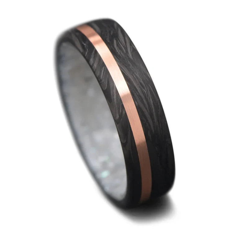 Mens 6mm forged wedding band with 14K rose gold and pearl inlay, polished flat profile, available with free engraving, displayed on a white background.