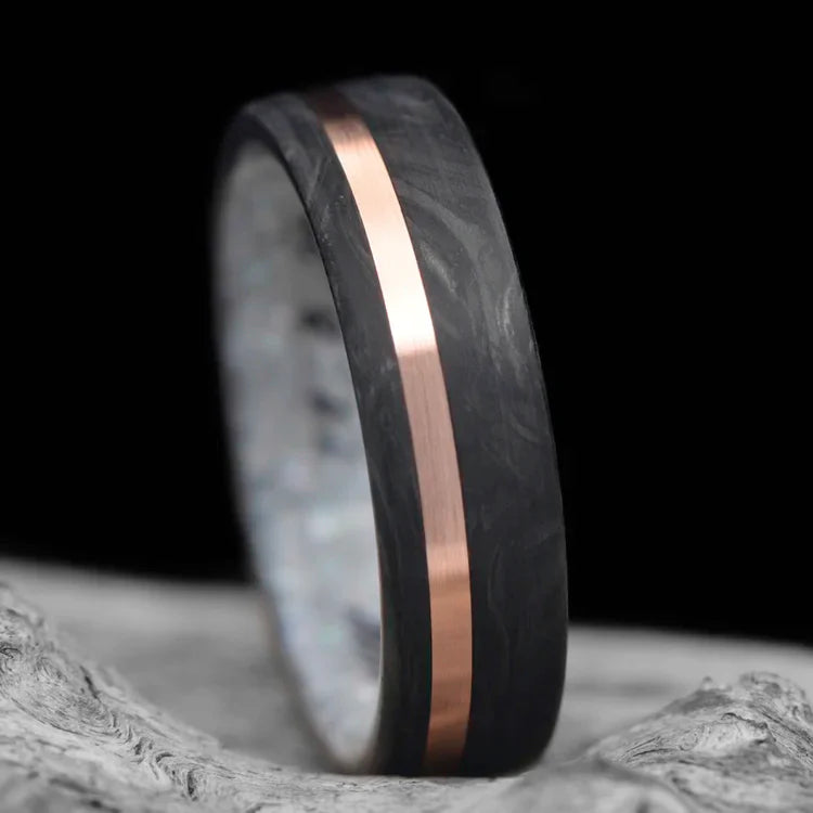 Forged wedding band with 14K rose gold and pearl inlay, mens 6mm polished flat profile ring, on white sea branch, free engraving available.