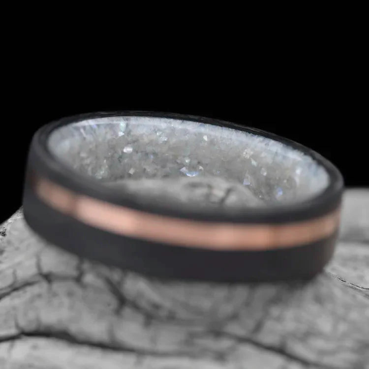 Forged wedding band with 14K rose gold and pearl inlay, mens 6mm polished flat profile ring, displayed on a white sea branch, free engraving available.