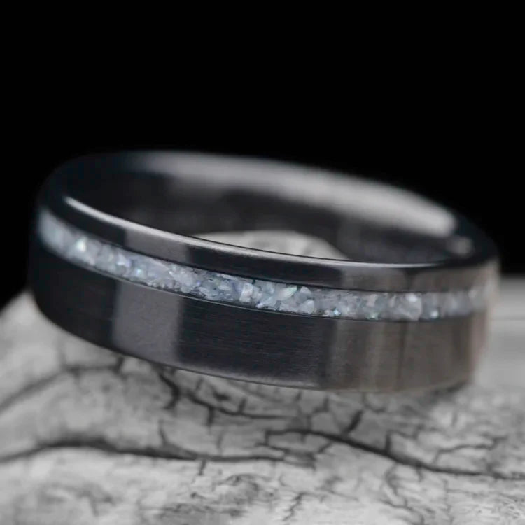 Black titanium wedding band with pearl inlay on white sea branch, 7mm mens ring with polished flat profile, unique mens wedding ring, free engraving available.