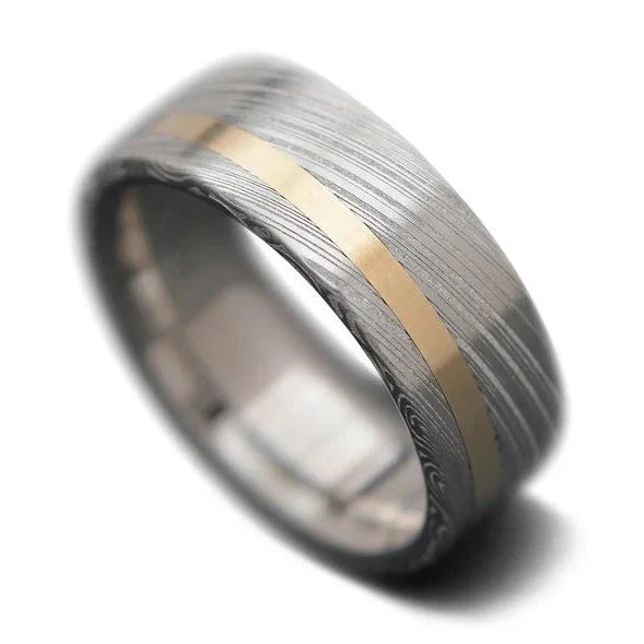 Damascus Men's Wedding Band with Gold Inlay & Titanium Sleeve | 7mm