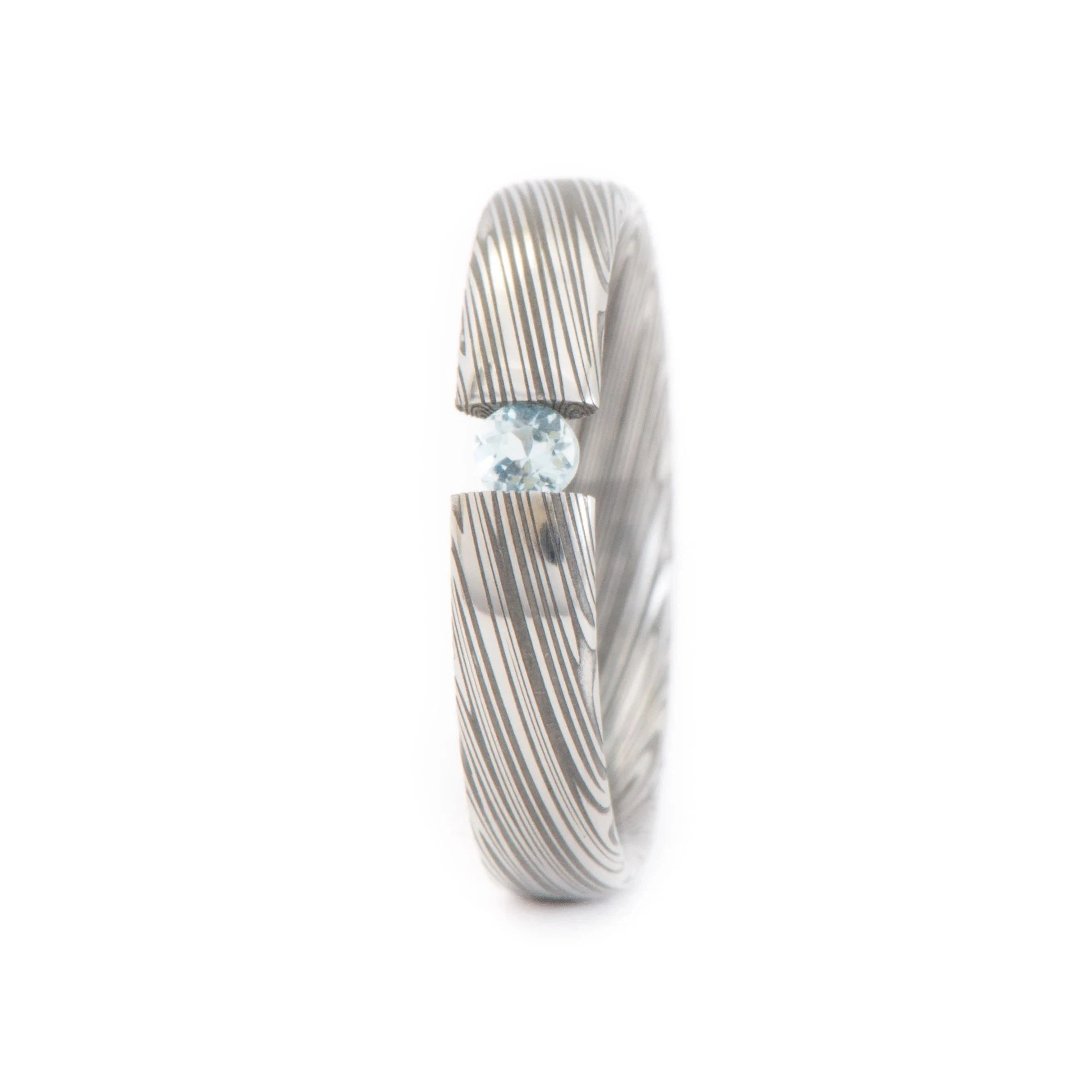 Damascus Engagement Ring Tension Set Aquamarine Stone | 5mm