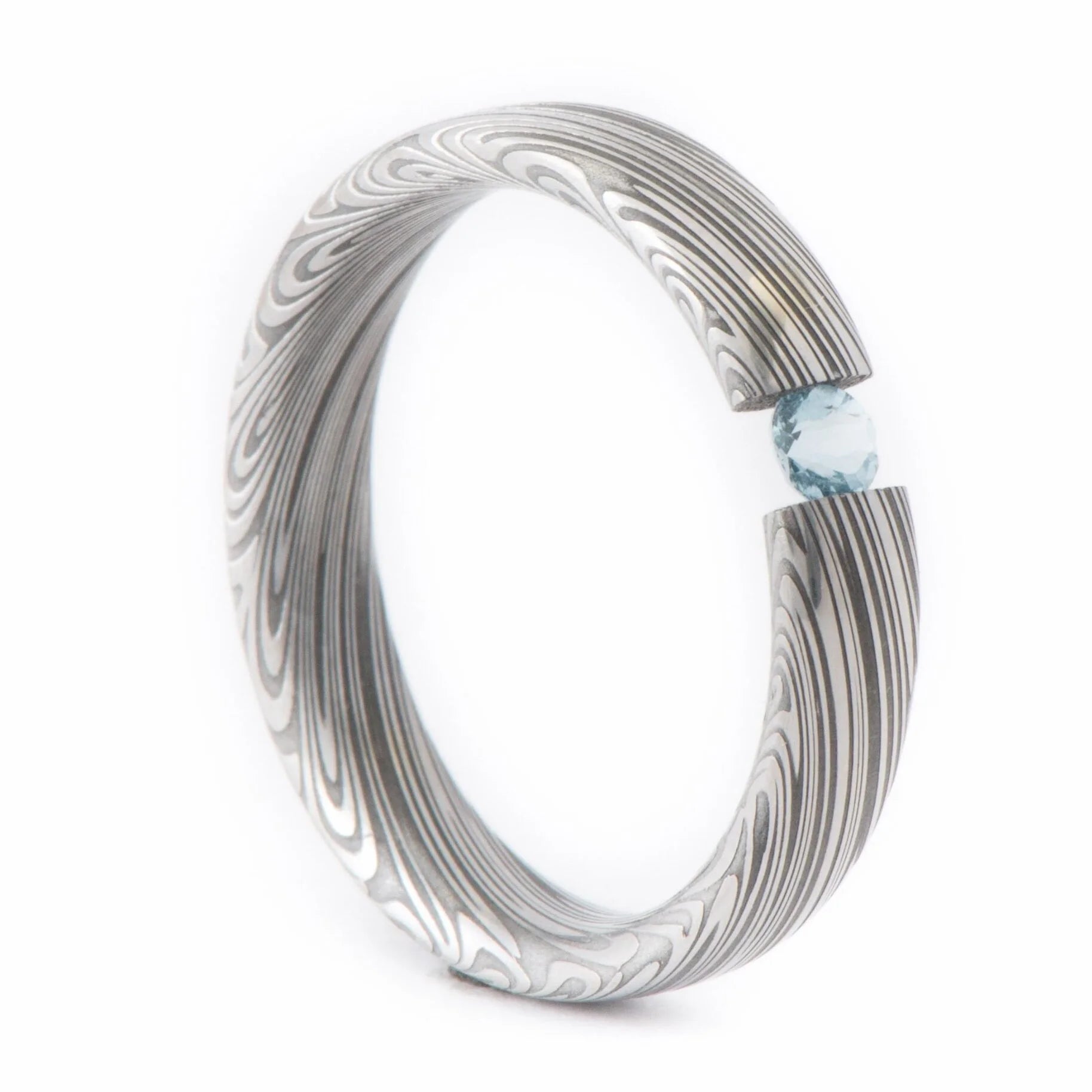Damascus Engagement Ring Tension Set Aquamarine Stone | 5mm