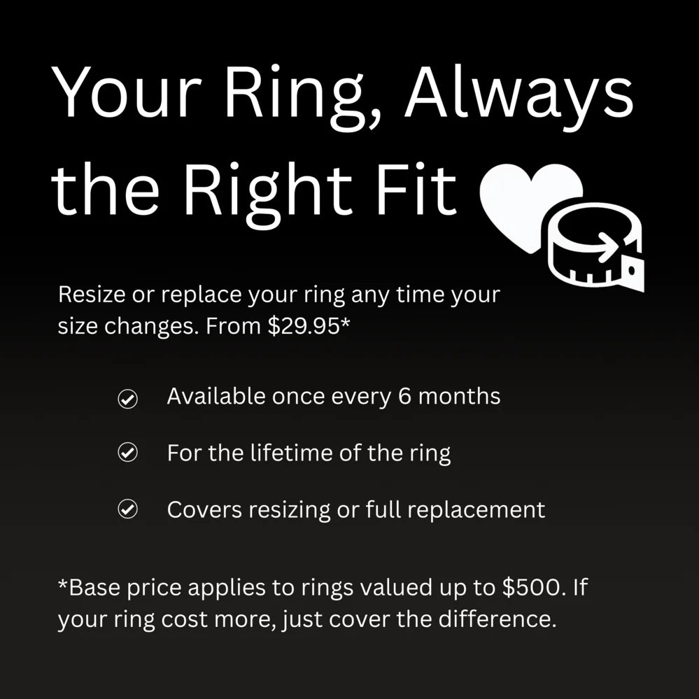 Enjoy lifetime resizing or replacement for just $29.95. Covers rings up to $500 in value. Always the perfect fit – no matter how life changes.
