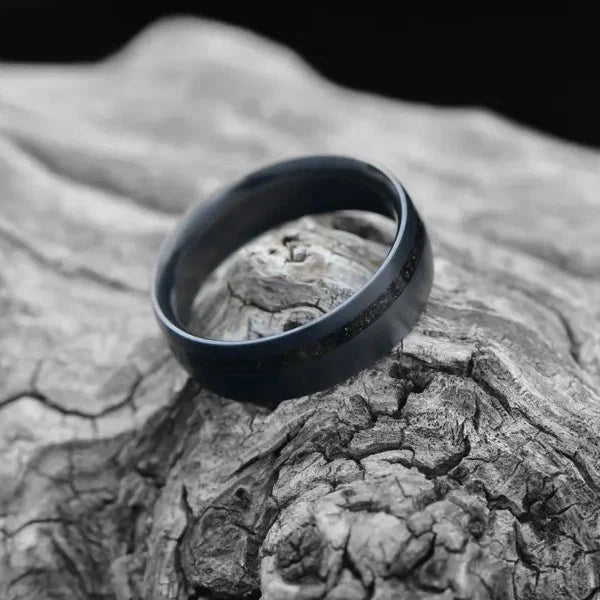 Black Zirconium ring with Meteorite Inlay | Mens Wedding Band | Free Engraing