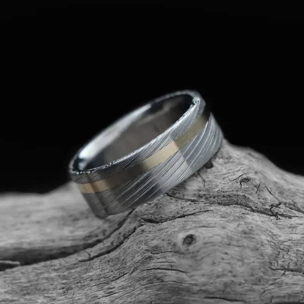 Damascus Men's Wedding Band with Gold Inlay & Titanium Sleeve | 7mm