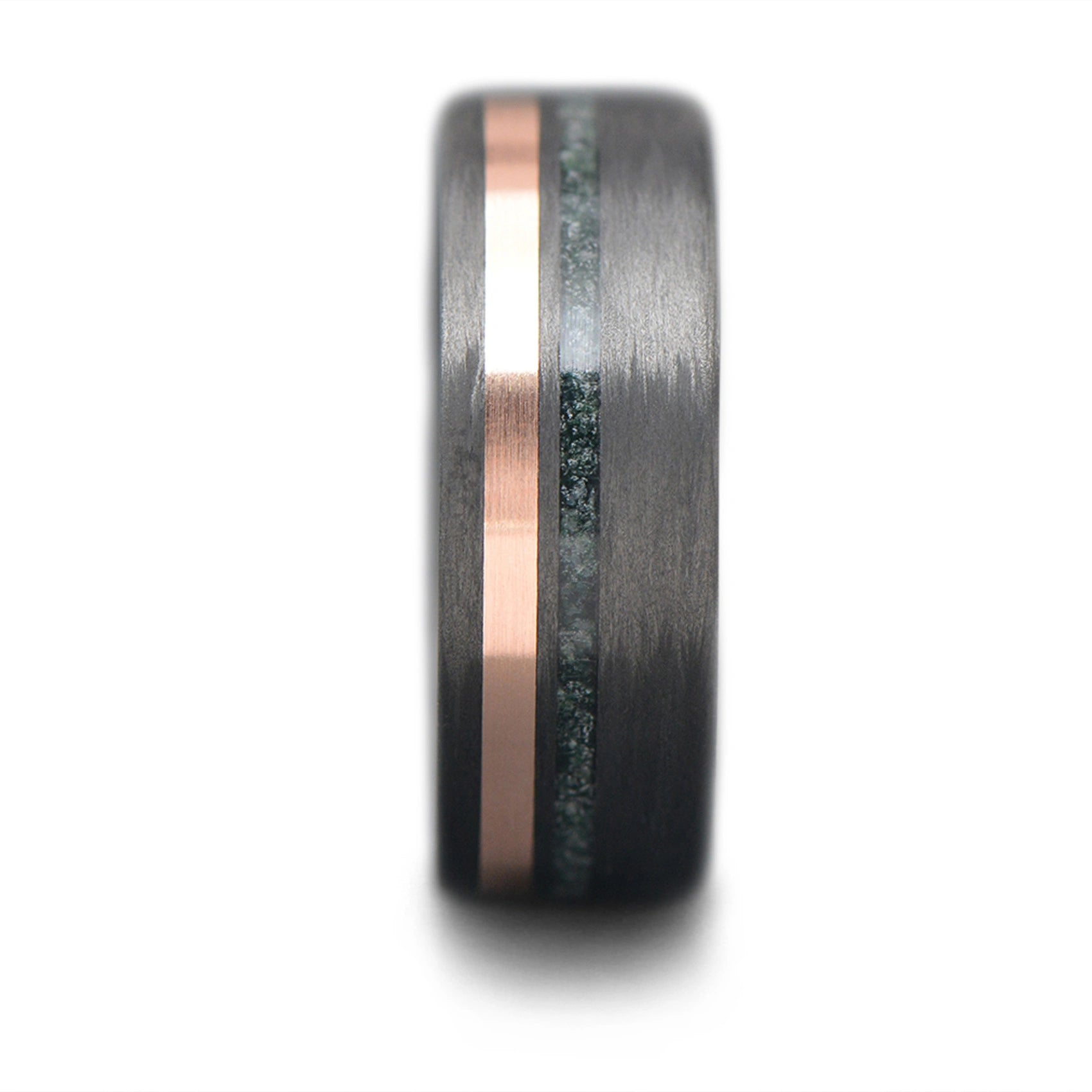 CarbonFiber Ring with Rose Gold & Moss Agate Inlay Men's Wedding Band