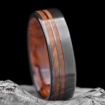 Black Titanium Wedding Band with Western Maple Burl Inlays | Men's