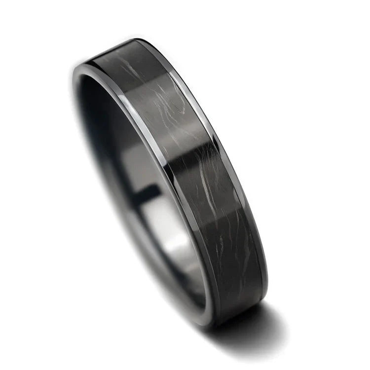 Black titanium wedding band with central forged inlay, 5mm simple custom ring featuring a polished flat profile, available with free engraving, displayed on a white background.