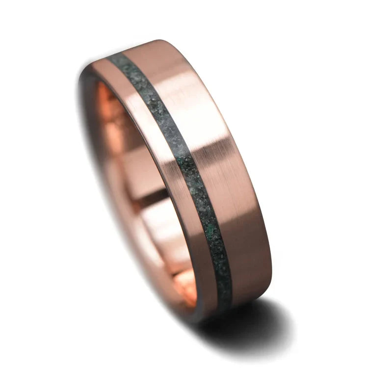 14K rose gold wedding band with moss agate inlay, 6mm mens ring, brushed flat profile, unique custom design, free engraving option, displayed on a white background.