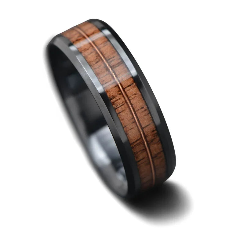 Black titanium wedding band with dual walnut and guitar string inlays, 8mm mens ring, polished bevel profile, free engraving available, displayed on a white background.