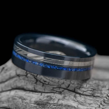 Black Titanium Men's Wedding Band with Damascus & Lapis Lazuli