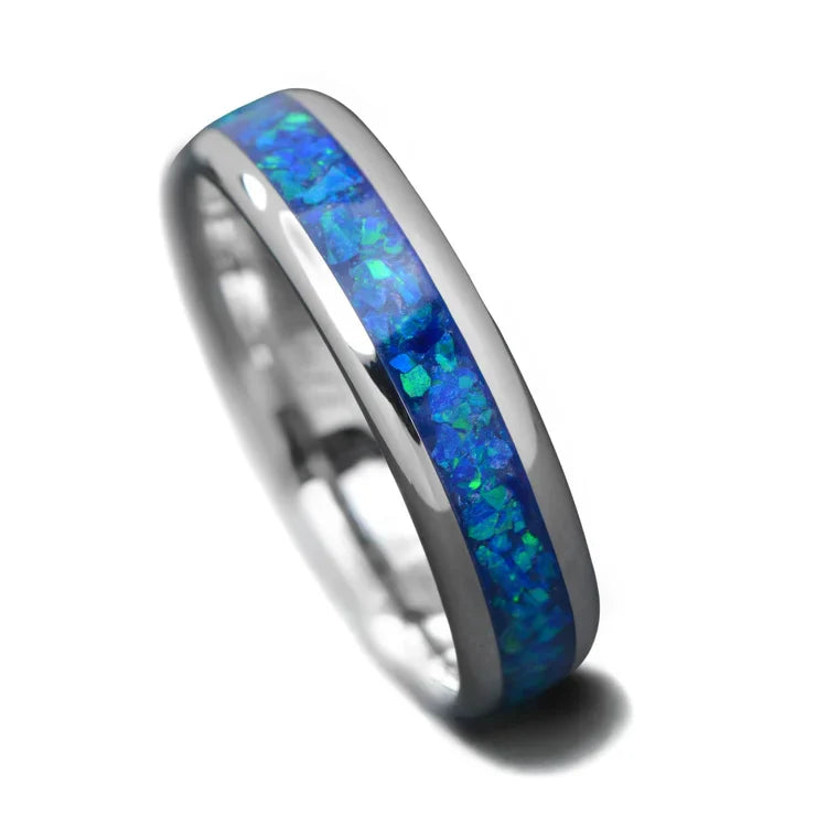 Platinum wedding band with blue opal inlay, 6mm mens ring, polished domed profile, unique design, free engraving option, displayed on a white background.