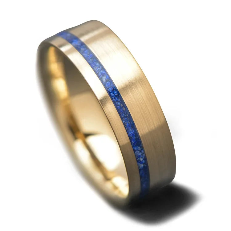 14K Yellow Gold Mens Wedding Band with Lapis Lazuli Inlay, 6mm Brushed Flat Profile, Unique Design, Free Engraving Available