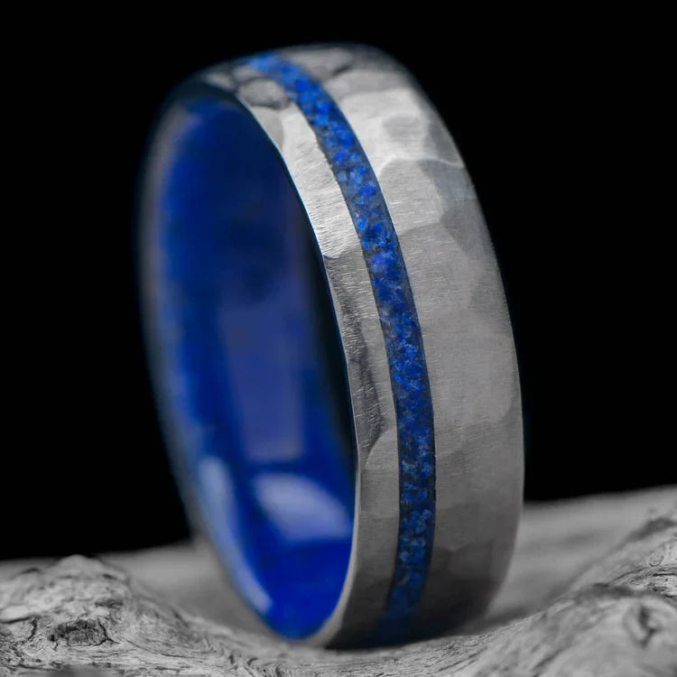 Faceted titanium wedding band with lapis lazuli inlay on a white sea branch, 7mm mens domed ring, unique custom design, free engraving available.
