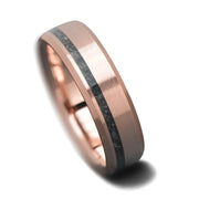 14K rose gold mens wedding band with moss agate inlay, featuring a brushed bevel profile, 6mm width, unique design, free engraving available, displayed on a white background.