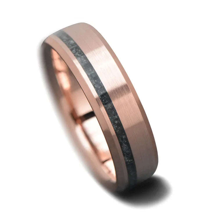 14K rose gold mens wedding band with moss agate inlay, featuring a brushed bevel profile, 6mm width, unique design, free engraving available, displayed on a white background.