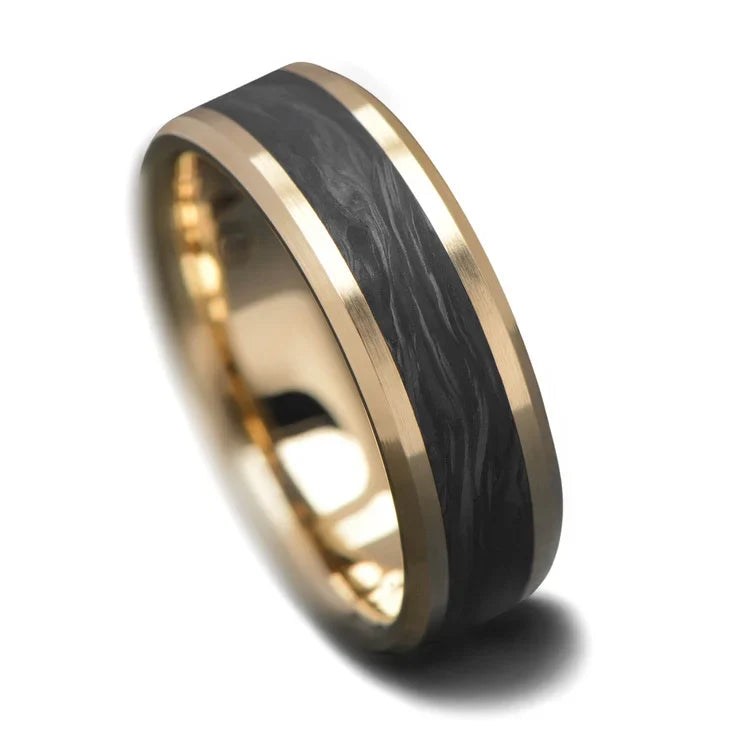 14KY Gold Wedding Band with Central Forged Inlay, 7mm Mens Ring, Polished Bevel Profile, Customizable with Free Engraving, Elegant Mens Wedding Jewelry on White Background