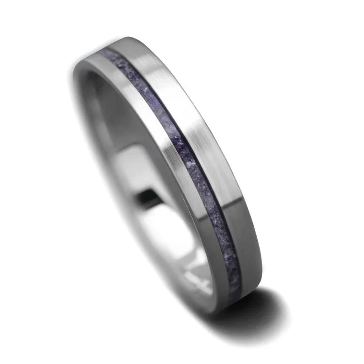 14KW wedding band with amethyst inlay on white background, 4mm custom brushed flat profile, unique design, free engraving available