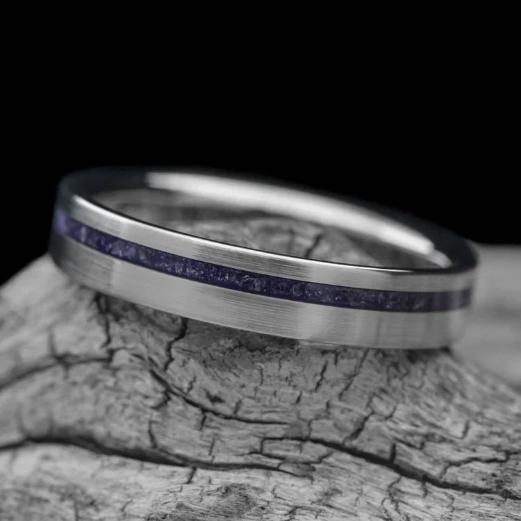 14KW wedding band with amethyst inlay, free engraving, 4mm custom brushed flat profile, unique wedding band on white sea branch.
