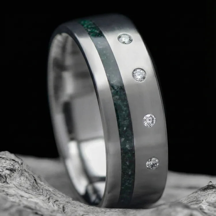 Titanium Men's Wedding Band with Moss Agate Inlay & Flush Set Titanium Men's Wedding Band with Moss Agate Inlay & Flush Set