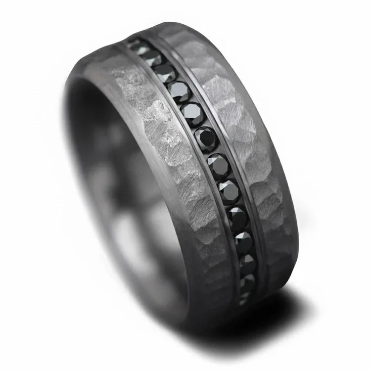 Tantalum wedding band with eternity set precious stones, free engraving, 10mm mens ring, faceted bevel profile, on white background