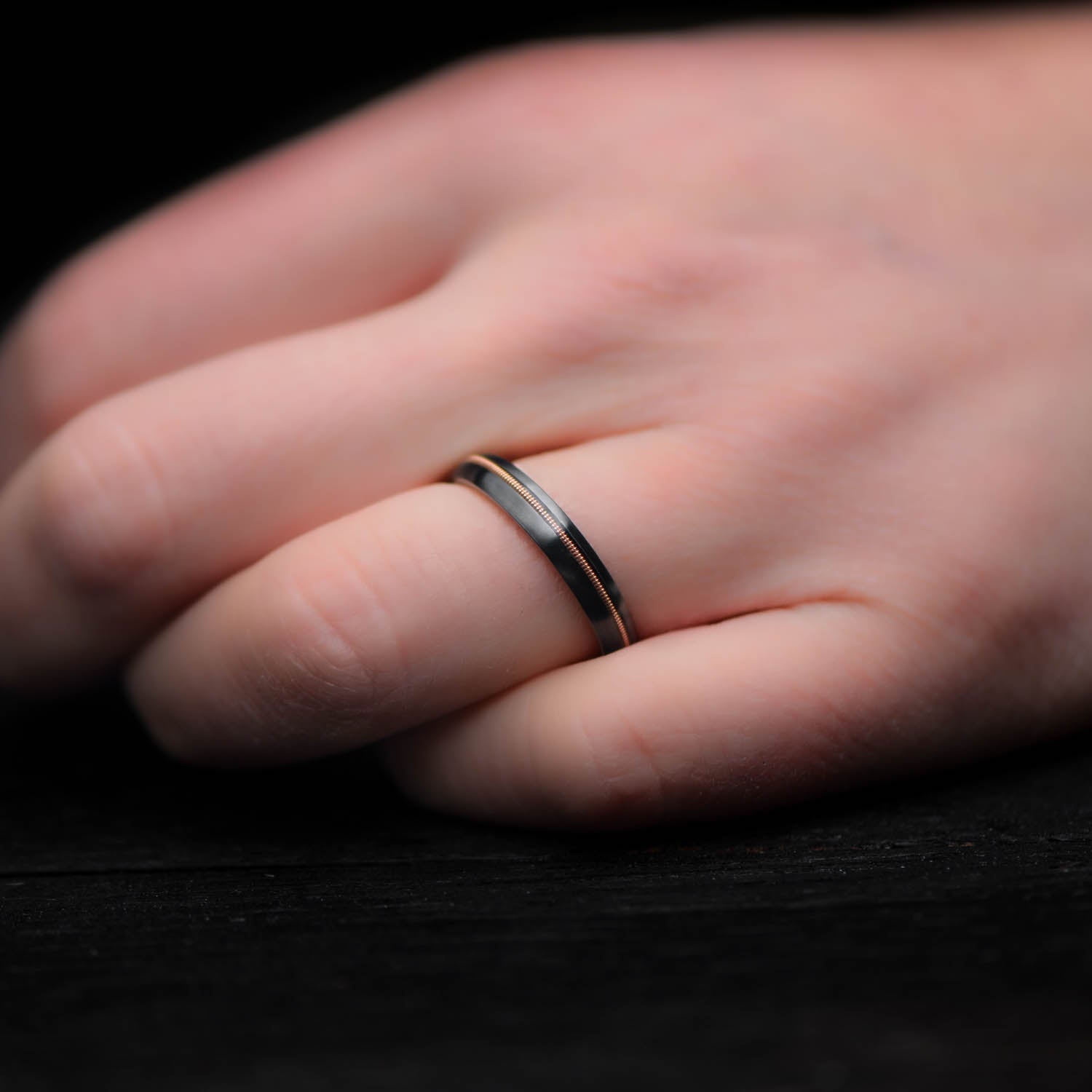 Black Titanium Wedding Band with Guitar String Inlay on White Sea Branch, 4mm Custom Simple Ring, Unique Wedding Band with Free Engraving, Perfect for Music Lovers and Modern Couples