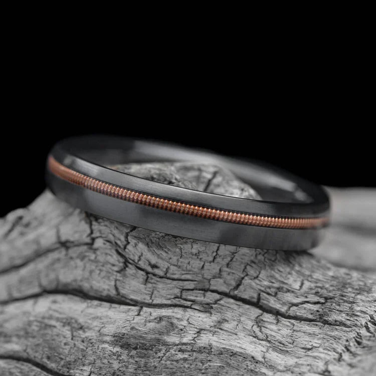 Black Titanium Wedding Band with Guitar String Inlay on White Sea Branch, 4mm Custom Simple Ring, Unique Wedding Band with Free Engraving, Perfect for Music Lovers and Modern Couples