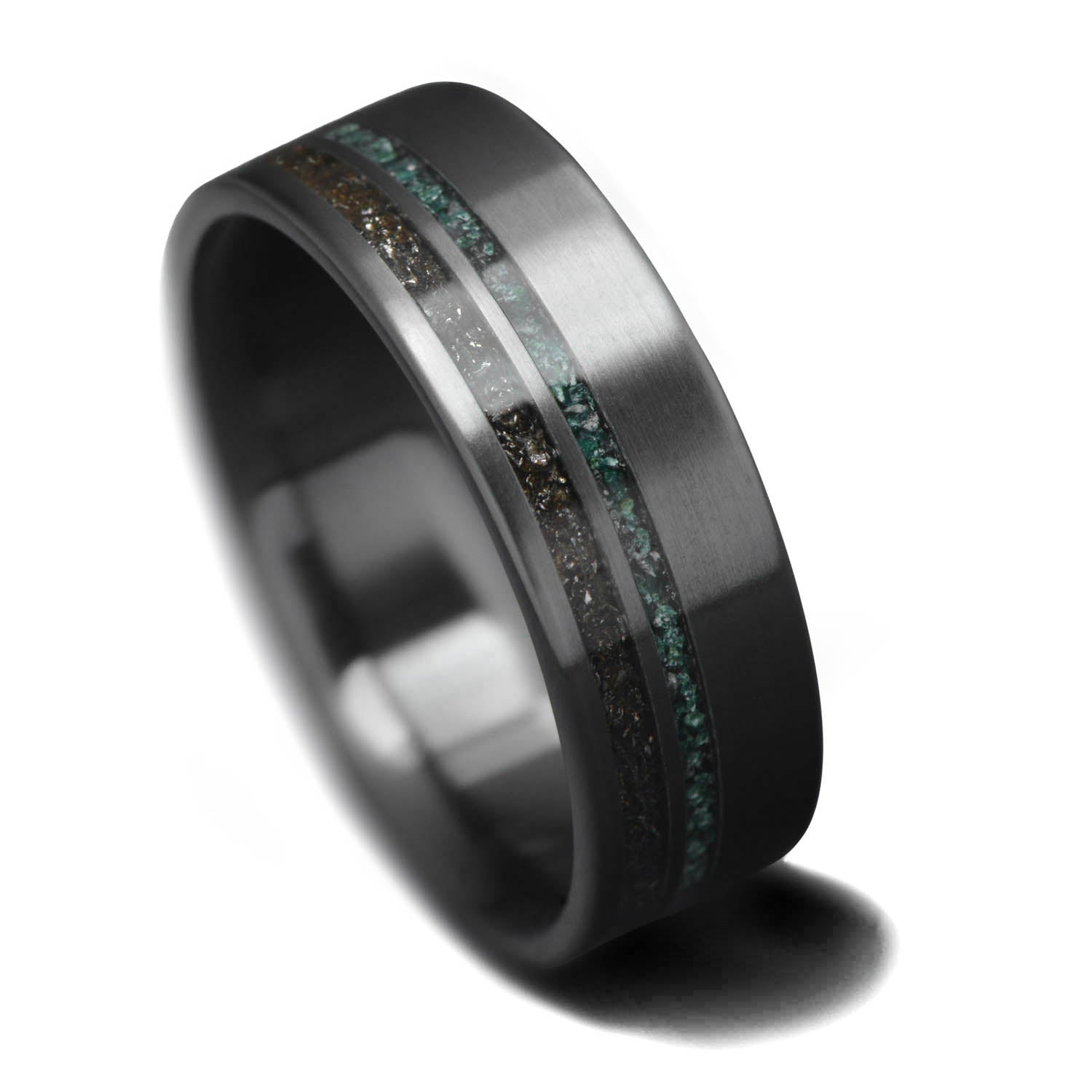 Black Titanium Wedding Band with Meteorite and Moss Agate Inlays, 7mm Mens Wedding Ring on White Background, Unique Mens Band with Free Engraving
