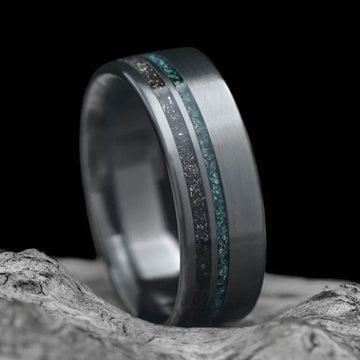 Black Titanium Men's Wedding Band with Meteorite & Moss Agate