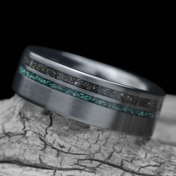 Black Titanium Men's Wedding Band with Meteorite & Moss Agate
