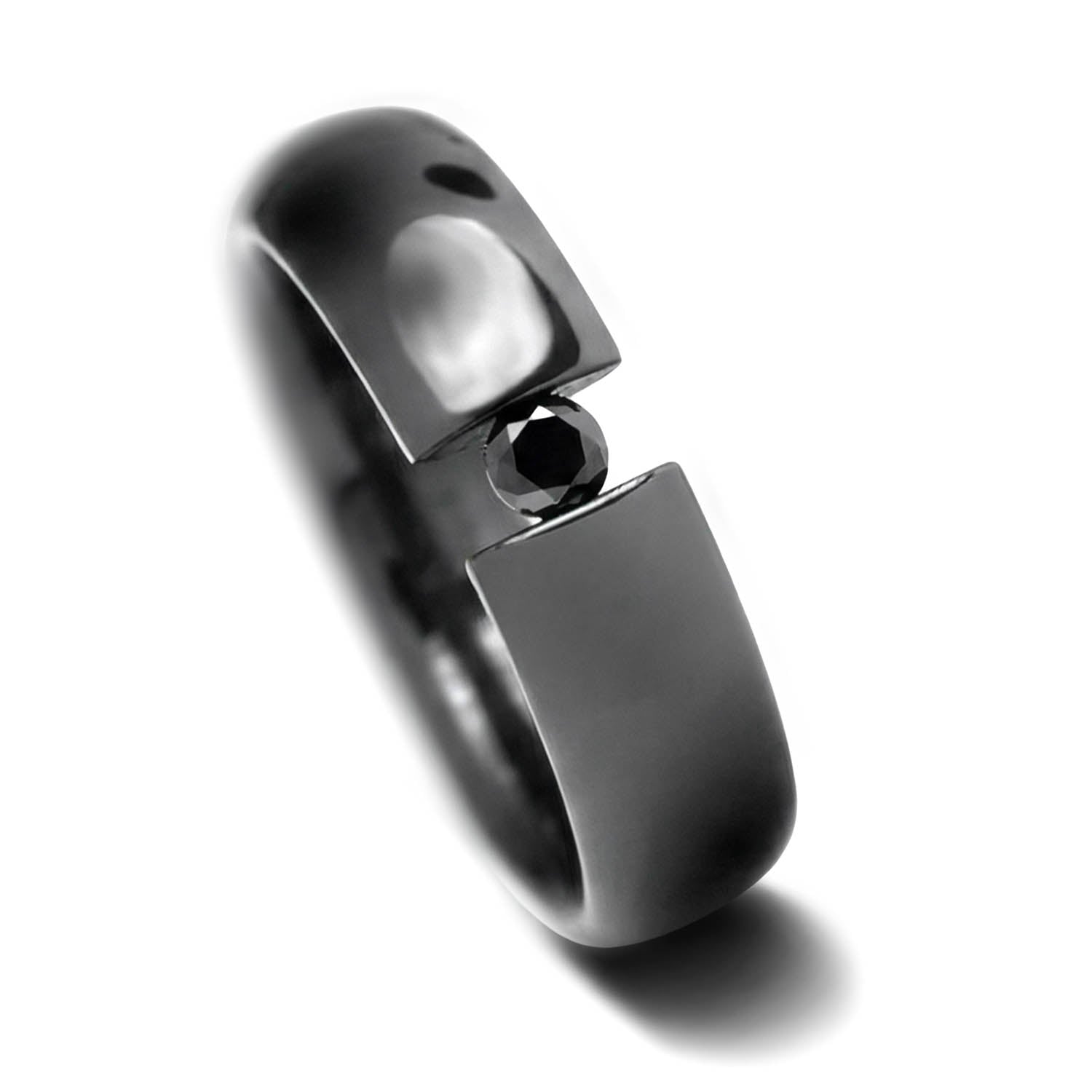 Black titanium wedding band with tension set diamond, 6mm mens ring, polished domed profile, free engraving available, displayed on white background.