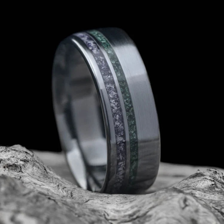 Black Titanium Men's Wedding Band with Amethyst & Moss Agate Black Titanium Men's Wedding Band with Amethyst & Moss Agate