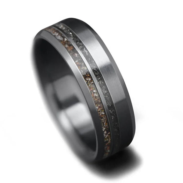 Zirconium Men's Wedding Band with Crushed T-Rex & Meteorite Inlays