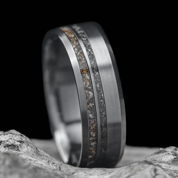 Zirconium Men's Wedding Band with Crushed T-Rex & Meteorite Inlays