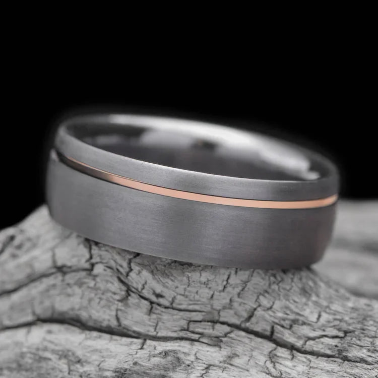 Tantalum wedding band with 18K rose gold inlay, 7mm mens sandblasted domed ring, unique mens wedding band on white sea branch, free engraving available.
