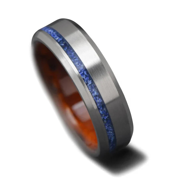 Titanium wedding band with lapis lazuli and amboyna wood inlays, 6mm mens ring with brushed bevel profile, free engraving option, displayed on a white background.