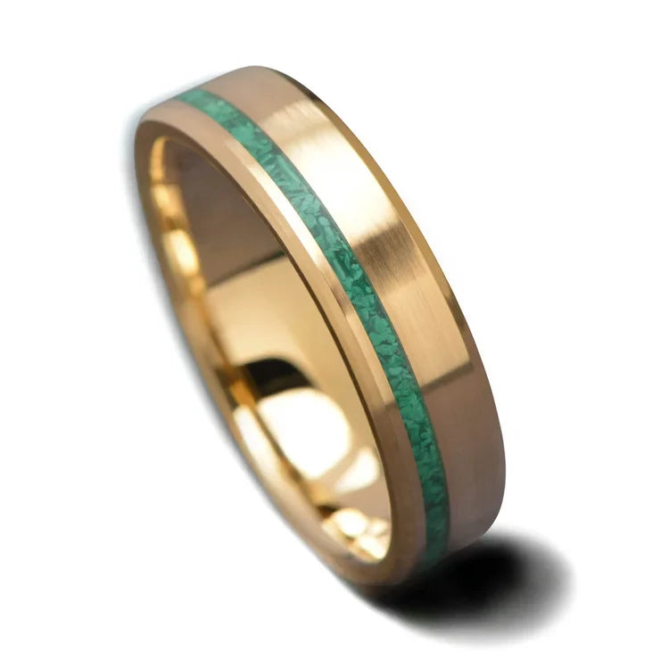 18K yellow gold wedding band with malachite inlay, free engraving, 6mm mens wedding ring, polished bevel profile, unique design, on a white background