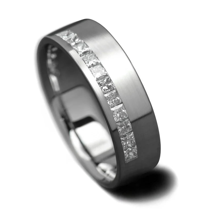 10KW brushed flat mens wedding ring with half eternity princess cut stones, 7mm wide, featuring custom engraving, displayed on a white background.