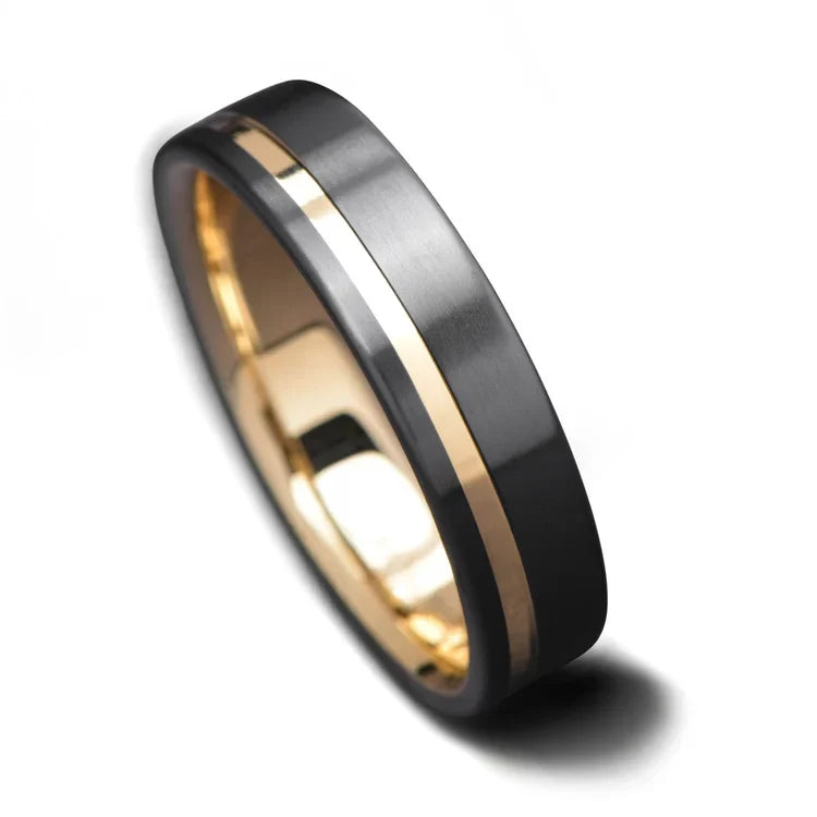 Black titanium wedding band with 10K yellow gold inlay, 6mm mens ring, brushed flat profile, custom mens wedding ring, free engraving, on a white background.