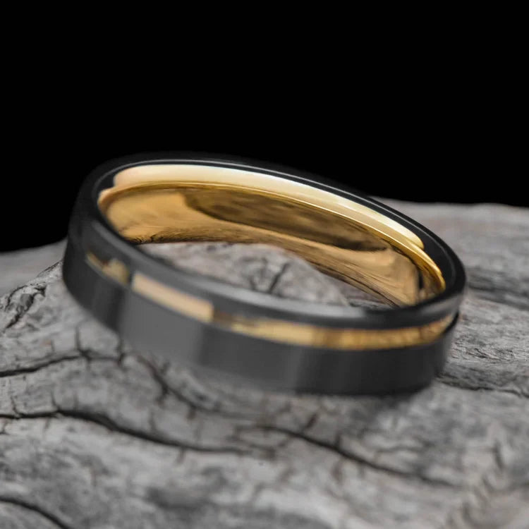 Black Titanium Wedding Band with 10KY Inlay on White Sea Branch, 6mm Mens Wedding Ring, Brushed Flat Profile, Customizable with Free Engraving