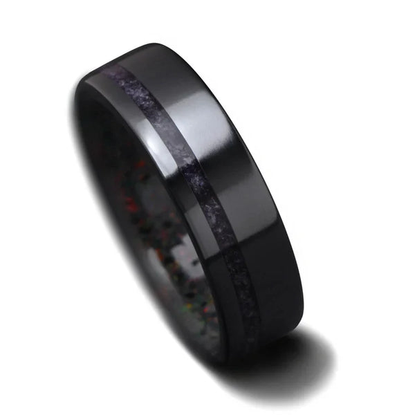 Black Titanium Men's Wedding Band with Amethyst Inlay & Black Fire