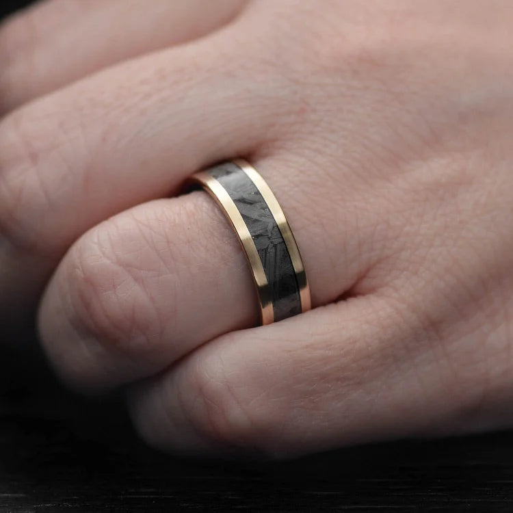 Mens 14KY gold wedding band featuring meteorite and koa wood inlays, 7mm width, unique custom design with free engraving, showcased on a white background.