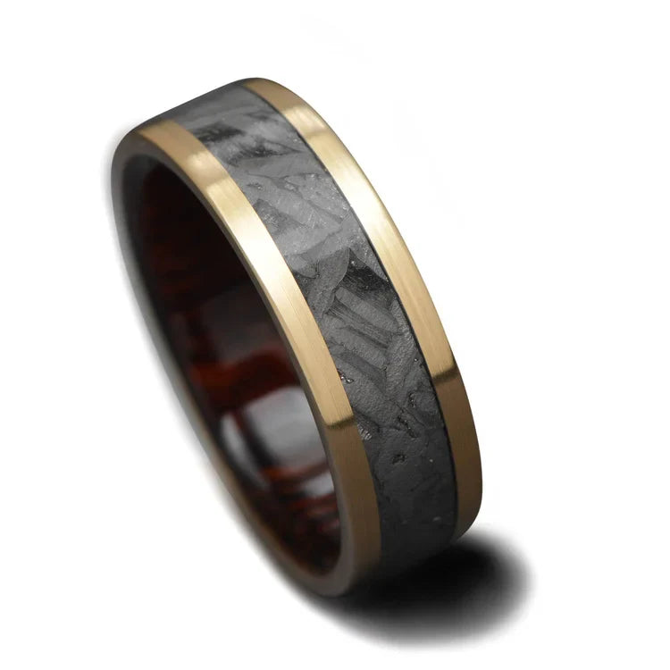 Mens 14KY gold wedding band featuring meteorite and koa wood inlays, 7mm width, unique custom design with free engraving, showcased on a white background.