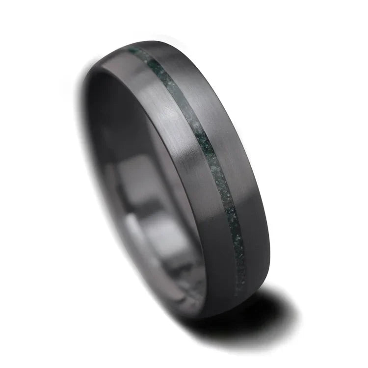 Zirconium wedding band with central moss agate inlay, 6mm mens ring, unique design, free engraving option, displayed on white background.