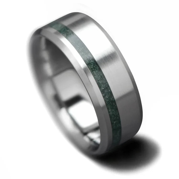 Titanium wedding band with moss agate inlay, 8mm mens ring, brushed bevel profile, unique design, free engraving option, displayed on a white background.