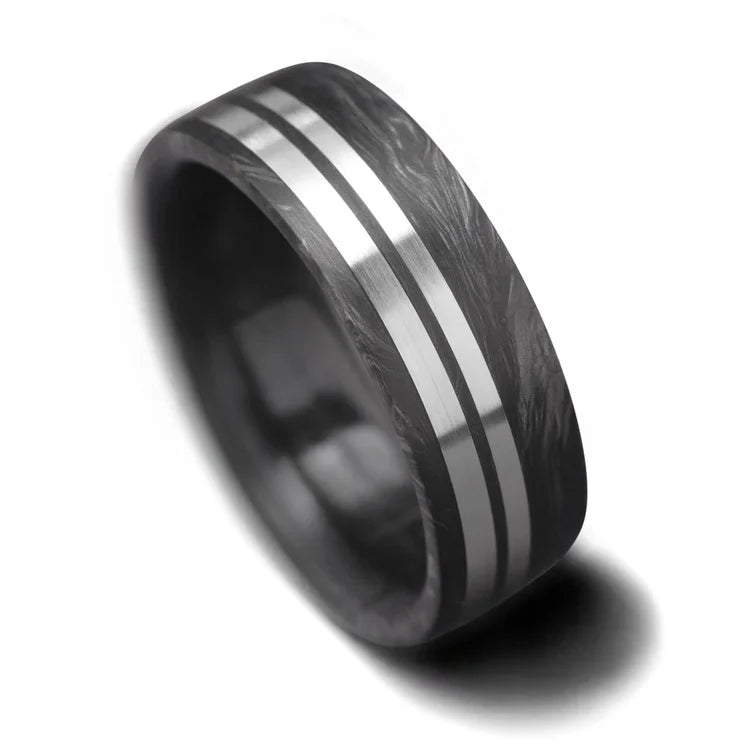 Mens 7mm wedding band with brushed flat profile, featuring dual 14KW inlays and custom engraving, displayed on a white background.