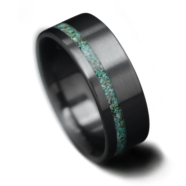 Black titanium mens wedding band with turquoise inlay, unique brushed finish, 8mm width, free engraving available, displayed on a white background.