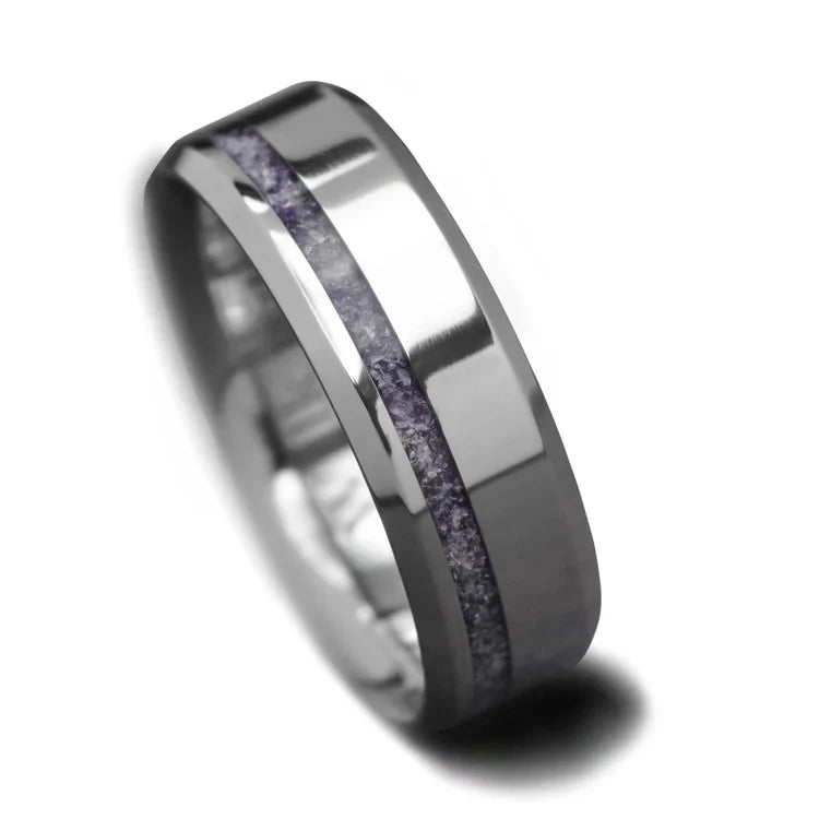 Mens titanium wedding band with amethyst inlay, 7mm width, polished bevel profile, unique design, free engraving available, displayed on a white background.
